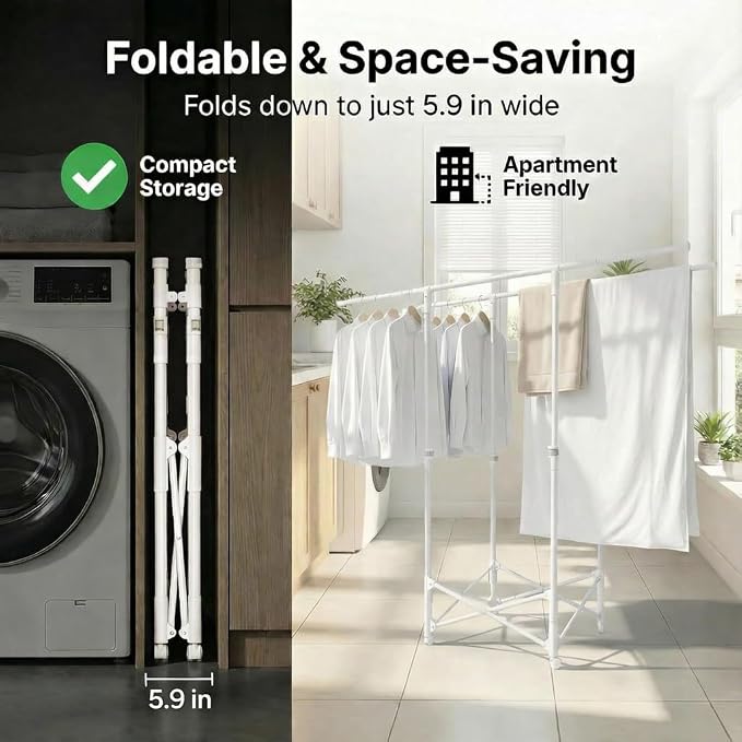 Clothes Drying Rack, Double Rod Extendable 33.1–56.7 Inches, No Assembly & Foldable Clothing Rack for Hanging Clothes with Wheels, for Indoor Outdoor Laundry Room Organization, White
