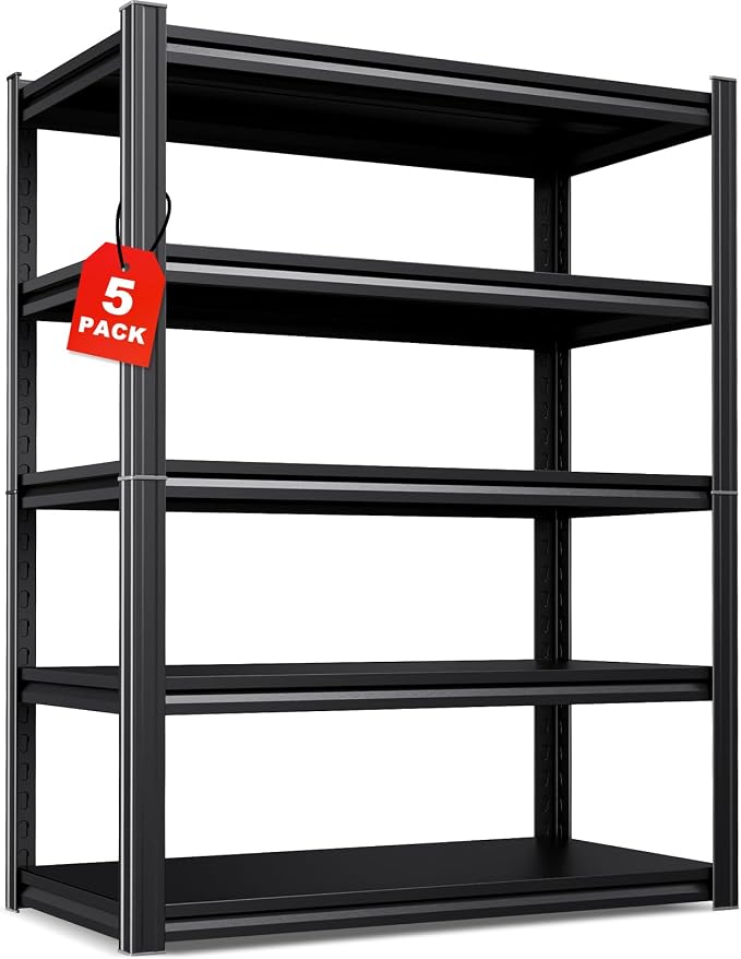 Set of 5 All Metal Garage Shelving - 2050 lbs 5 Tier Storage Shelves, Adjustable Heavy Duty Metal Shelving Unit and Storage Large Rack, Utility Steel Shelf for Warehouse Industrial Pantry 71"x46"x20"