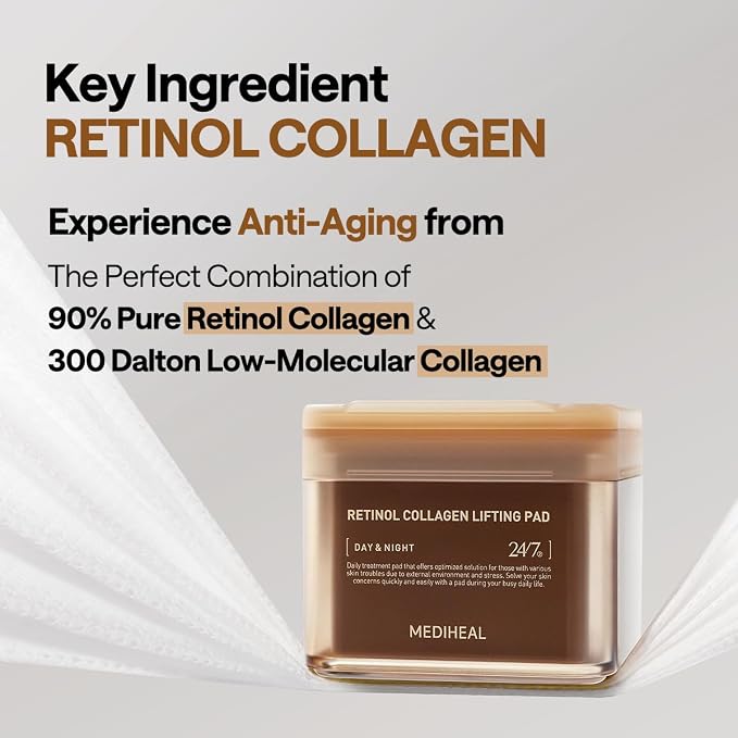 MEDIHEAL Toner Pads - Retinol Collagen Lifting Pad (100 counts) for Skin Rejuvenation & Firming - Lifting Pads for Enhancing Skin Texture - Vegan Stretchable Lifting Fabric, Korean Skin Care | with Retinol | Skin Firming, Smooth Skin Texture | Stretcha...