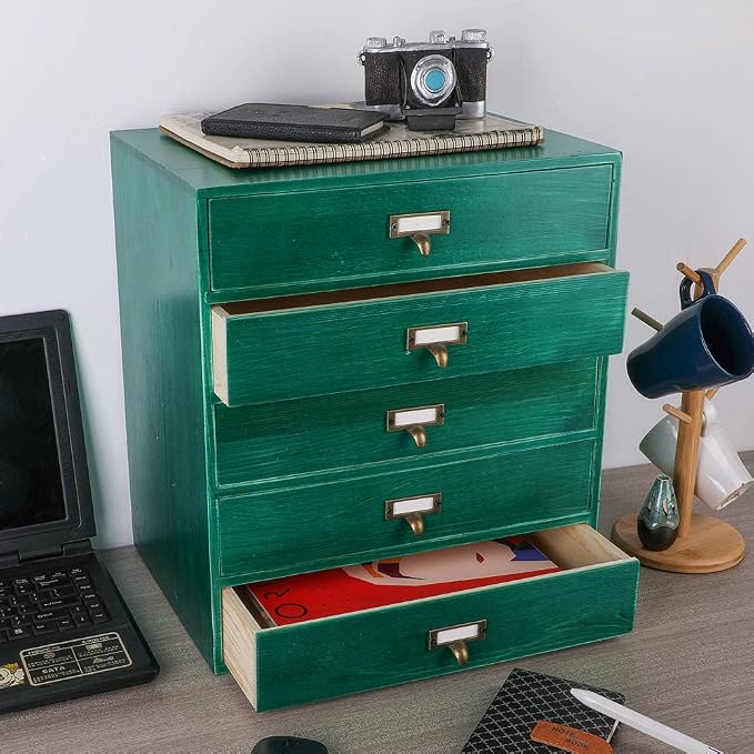 GoooodGift Wooden Drawers Large Wooden Box with Drawer, Green | 5 Drawer Wood Storage Box , Vintage Desktop Organizer with Drawers, Desk Organizers for Library Card Catalog Cabinet