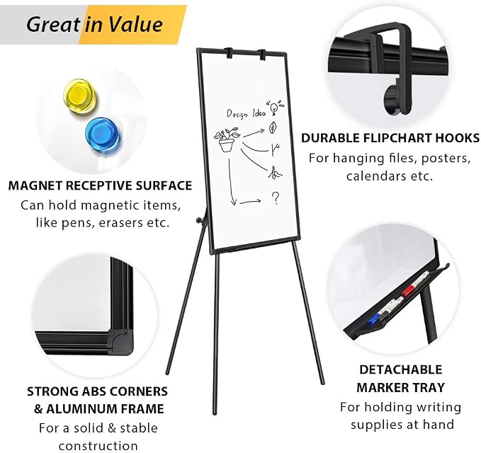Maxtek Easel Whiteboard 40 x 28, Stand Tripod with Height Adjustable, Black | Magnetic Dry Erase Surface, Flipchart Stand, Portable Tripod Easel For Office, Teaching, Home And Classroom