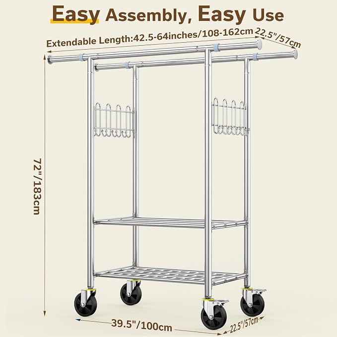 Double Rod Clothes Rack with Two Shelves, Heavy Duty Clothing Racks Load 860 LBS, Rolling Garment Racks with 4-inch Wheels, Hanging Rack for Clothes Storage, Portable Closet in Bedroom Laundry Room