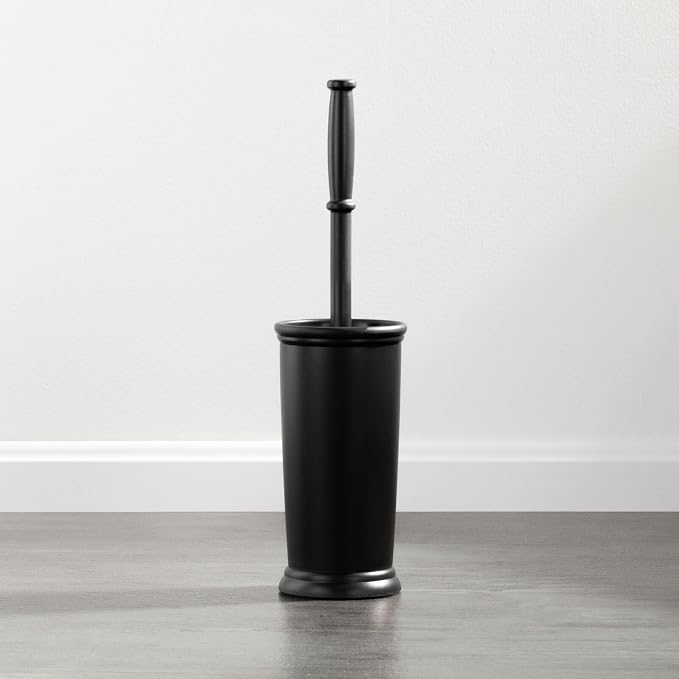 mDesign Toilet Bowl Brush and Holder - Covered Bathroom Toilet Brush - Standing Toilet Bowl Scrubber in Modern Holder - Compact, Space Saving, Deep Cleaning Brush for Toilet - Hyde Collection - Black