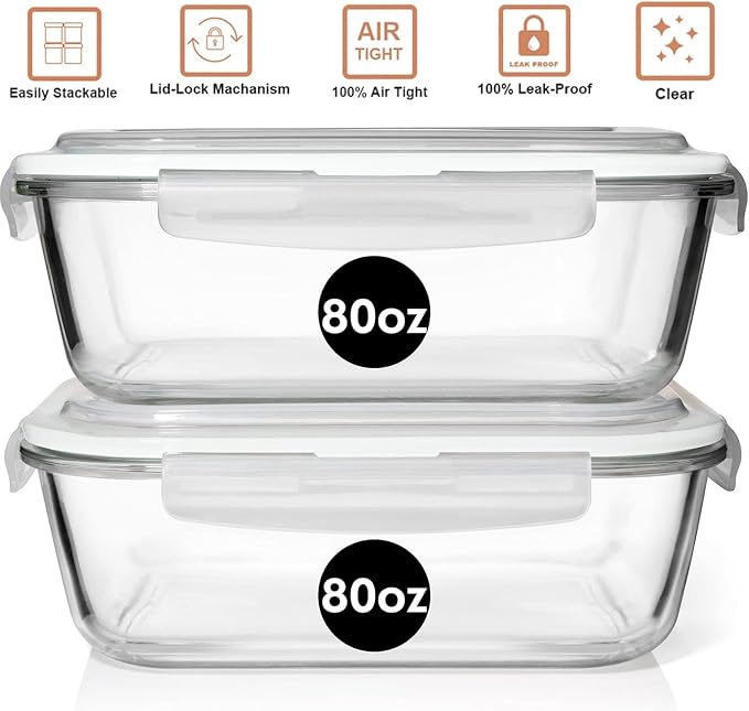 Razab 10 Cups/ 80 Oz 4 Pc (Set of 2) Glass Food Storage Containers with Airtight Locking Lids For Storing & Serving Food. BPA Free & Leak Proof - Microwave, Dishwasher, Fridge, Freezer, Oven Safe