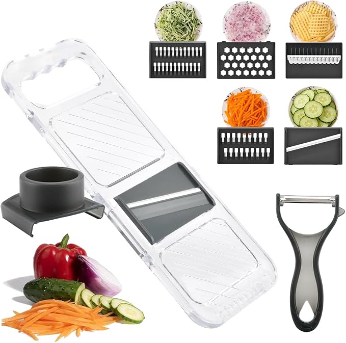 Mandoline Slicer for Kitchen, 6-in-1 Vegetable Chopper with Safe Hand Guard Easy-Clean Design & Compact Storage for Salad Prep, Chips, Fruits & Daily Cooking(COLOR:grey)