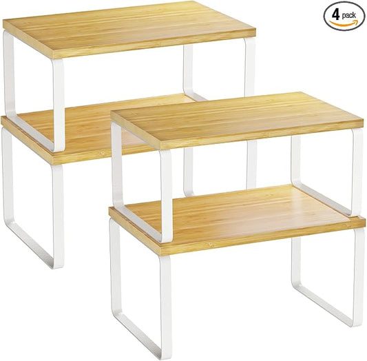 Simple Trending Bamboo Cabinet Organizer Shelf, Set of 4 Kitchen Counter Shelves, Stackable Expandable Spice Rack Pantry Cupboard Organizer, White and Natural