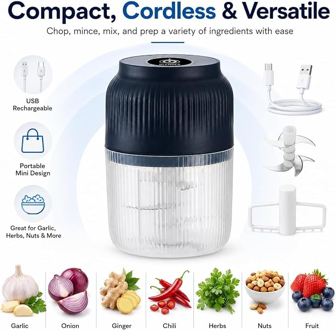 Household Electric Garlic Crusher, Upgraded Mini Electric Food Chopper, 350ml 6 Blades USB Rechargeable Garlic Mincer with Lid & Egg Beater for Onion Ginger Chili (Blue+Blue)