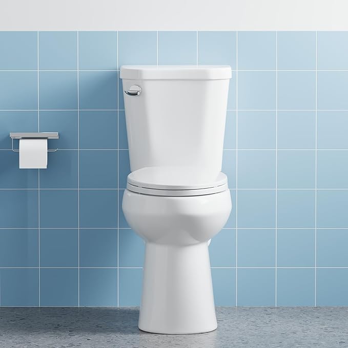 Two Piece Toilet, 19" Elongated ADA Comfort Height with Upgraded Flushing, Single Handle (Side Mounted), Includes Soft-Close Seat & Hardware, White, 12" Rough-in