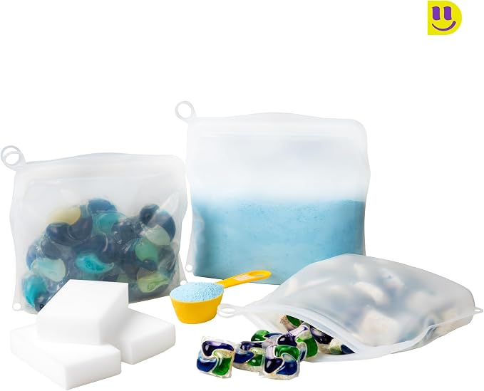[3 Pack] Reusable Silicone Bags + Measuring Spoons Set - Large, Medium, Small Stand Up Food Storage - Leakproof, BPA Free, Dishwasher & Microwave Safe.