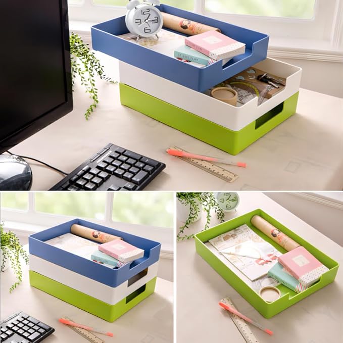 Letter-Size Tray, Desk Drawer Organizer for A4 Paper,Blue | Stackable plastic paper tray, fits A4 & letter. Desktop file organizer for office, school, home use. space-saving.