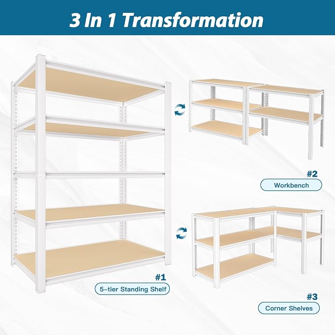 PrimeZone 2 Packs 36" W x 16" D x 72" H Closet Storage Shelves - 5 Tier White Metal Connector Shelving, Adjustable Heavy Duty Garage Shelves, Utility Rack Organizer Shelf for Kitchen Pantry Garage