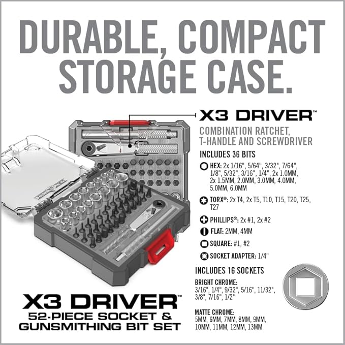 Real Avid X3 52-Piece Socket & Bit Set - 3-in-1 Screwdriver Ratchet T-Handle, Tool Set Includes 16 Socket Wrench Set, 36 Bits with 1/4"