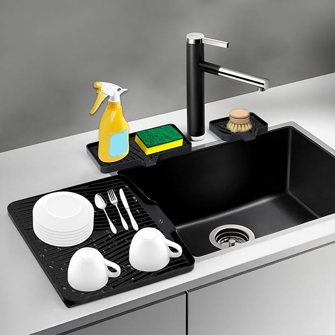 Silicone Dish Drying Mat for Kitchen counter, 15.8"x13" Extra Large Non-Slip Drain Pad with Built-in Drainage, Heat Resistant Dishwasher Safe, Black