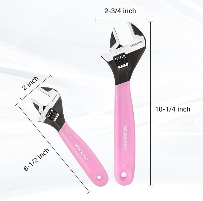 WORKPRO 2 PCS Pink Adjustable Wrench Set, 6-Inch & 10-Inch Wide Jaw Wrenches