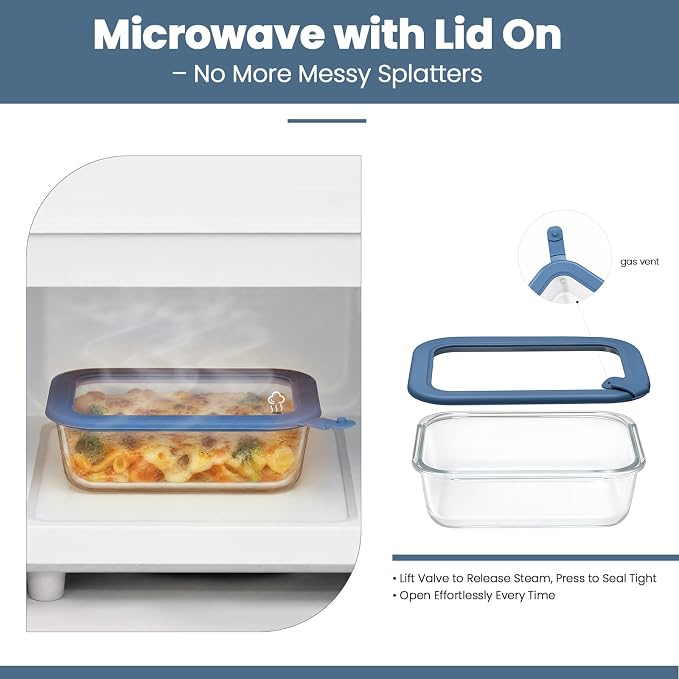 Taree Glass Food Storage Containers, 8 Pack, 21.6oz & 35.5oz, Blue Lids | Ocean Blue Lid Design • Glass & Silicone Lids • Airtight Leakproof Seal • Built-In Steam Vent • Microwave-Safe Lid
