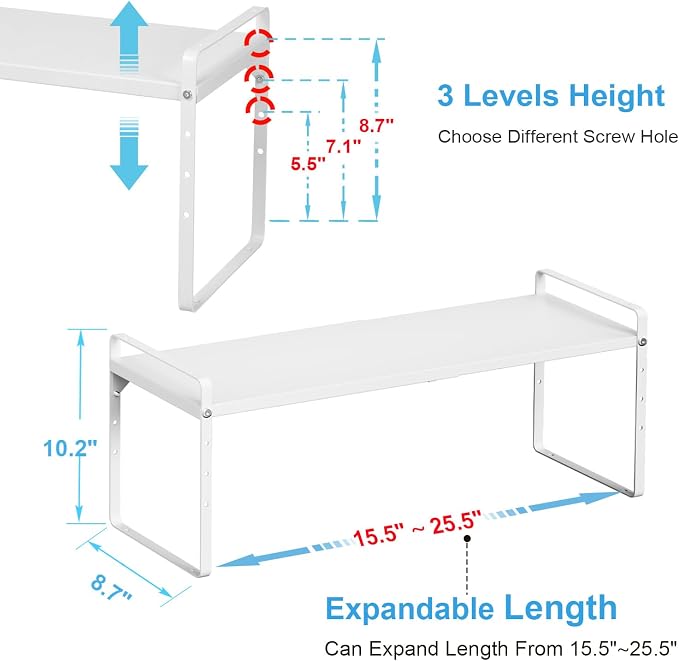15.5 to 25.5 Inch Expandable Kitchen Cabinet Organizer Shelf, 30 LBS Heavy Duty Stackable Kitchen Counter Storage Shelves Organizers, 2 Pack Adjustable Small Storage Shelf Rack For Cabinet Cupboard