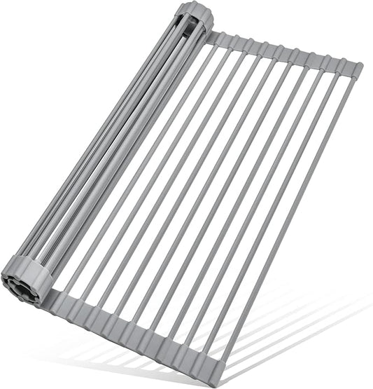 MERRYBOX Roll Up Over The Sink Dish Drying Rack Silicone Wrapped Foldable, Heat-Resistant, Anti-Slip Sink Rack Multipurpose Dish Drainer for Kitchen Sink Counter - Grey, 17.5" x 11"