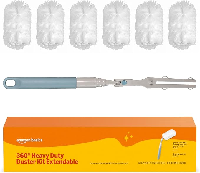 Amazon Basics 360° Heavy Duty Duster Kit with Extendable Handle and 6 Microfiber Plumes Refills for Pet Hair