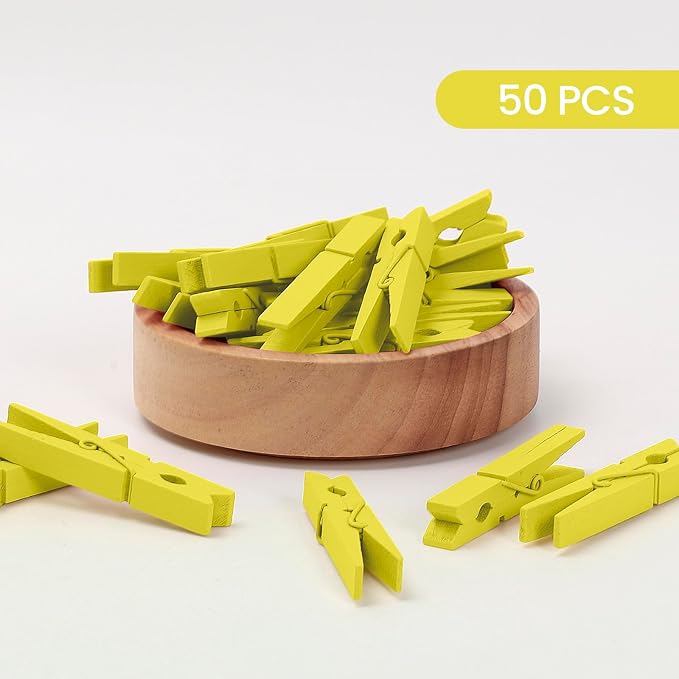 50PCS Colored Wooden Clothespins 2.9 Inch Color Clothes Pins for Pictures | Colorful Close Pins Wood for Photos Classroom School Decoration Craft Cheer, Yellow