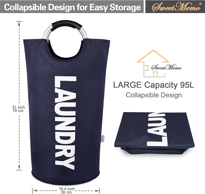 Large Laundry Basket, Laundry Hamper Bag with Handles, 95L Navy Blue | Freestanding Tall Dirty Clothes Hamper, Collapsible and Portable Laundry Bin for Dorms and Bedrooms, Thick, Sturdy Fabric