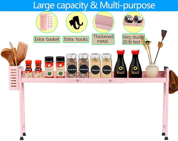 Horynar Over Stove Shelf Stove Top Organizer Shelf for Kitchen with Extra Basket and Hooks Adjustable 27 to 32 Inches Pink Over the Sink Spice Rack for Countertop (Pink)