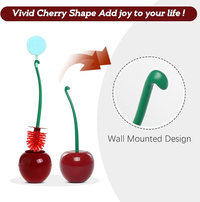 Creative Toilet Brush with Holder Bowl&Long Handle, Household Bathroom Cleaning Tool Cleaner and Base for Storage&Organization, Thick Bristle for Deep Clean-Rust Resistant Leakproof-Red Cherry Shape