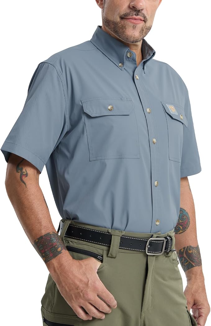 Mens Regular Fit Work Utility Shirt Midweight Short Sleeve Work Wear | Midweight stretch work shirt with reflective trim, 2 secure chest pockets, moisture-wicking comfort, easy-care fabric