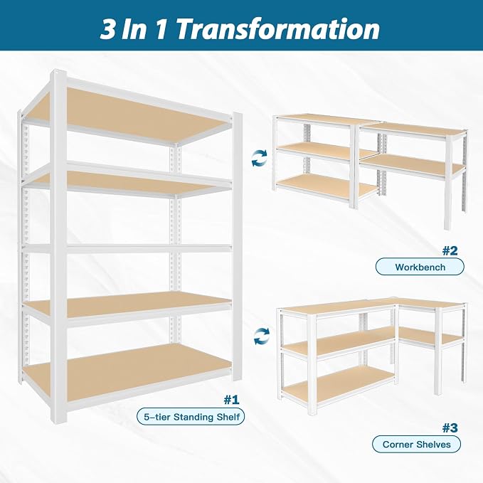 PrimeZone 24" W x 16" D x 59" H Closet Storage Shelves - 5 Tier White Metal Connector Shelving Unit, Adjustable Heavy Duty Garage Shelves, Utility Rack Organizer Shelf for Kitchen Pantry Closet, 2 PCS