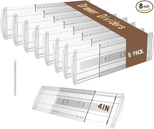 8 Pack Adjustable Drawer Dividers for Clothes,4" High Clear Expandable From 13-21" Drawer Organizers, PC Plastic Separators for Dresser/Bedroom/Bathroom/Kitchen/Office Storage,Easy to Assemble