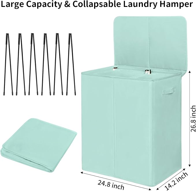 WOWLIVE 154L Double Laundry Hamper 2 Section with Lid and Removable Bags | Divided Laundry Basket, Large Dirty Clothes Hamper with Handle, Collapsible Laundry Storage for Dorm, College, Mint Green