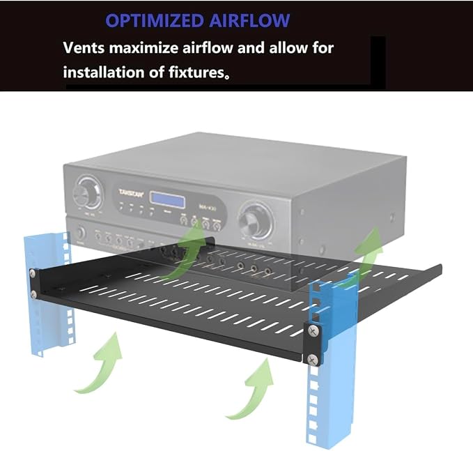 2 Pack 1U Vented Server Rack Shelf, Depth Adjustable 16-20" | Metal Universal Cantilever Rack Mount Tray for 19 Inch Networking Equipments Rack Enclosure, Black (1U16In2PCS)