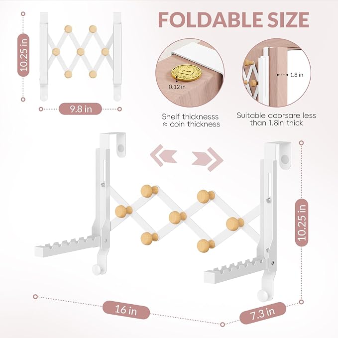 BAKON Over The Door Hanger, Collapsible Over Door Hooks Foldable Clothes Drying Rack with 7 Hooks for Hanging Clothes, Door Hanger Organizer Towel Rack for Laundry Bedroom Dorm Bathroom Living Room