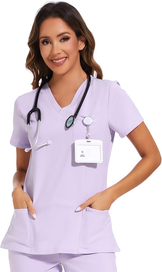 Scrubs Tops for Woman - Soft Stretch, V-Neck Tops | 3 Pockets, Side Split Design, Short Sleeve, Breathable & Lightweight Nursing Shirt, Easy-Care Fabric for All-Day Comfort