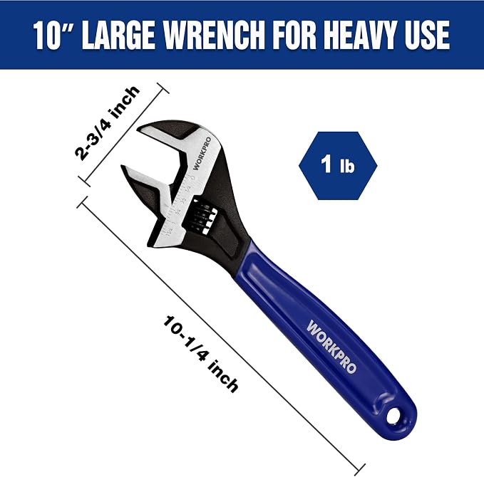 WORKPRO 10-Inch Adjustable Wrench, Cr-V Steel Wide Jaw Black Oxide Wrench | Metric & SAE Scales,Ideal for Home Repairs, Garage, Workshop and DIY Applications