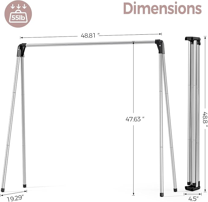 TOOLF Clothes Drying Rack Foldable, Laundry Drying Rack Stainless Steel, Portable Clothes Rack, Clothing Garment Rack, Drying Rack for Clothing, Indoor Outdoor, Free-Standing, Large Capacity