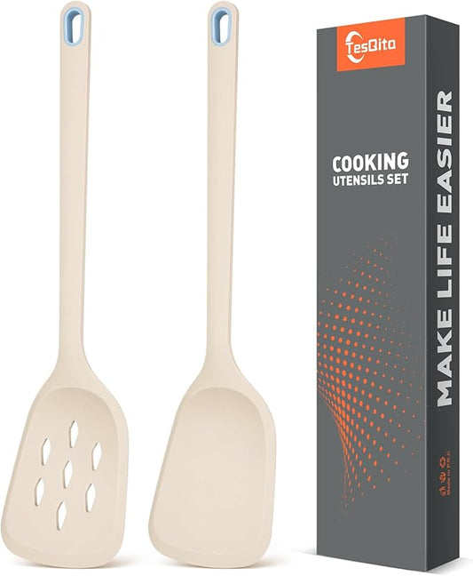 Silicone Cooking Spatula&Slotted Spatulas, Pack of 2,Solid Turner Kitchen Utensils Set for Cooking,Frying, Baking, Flipping, Turning,Heat Resistant 450℉ (KHAKI)