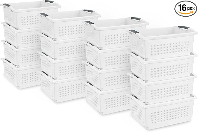 Sterilite 16 Pack Large Stacking Basket, Open Top Storage Bin with Handles, White - Ideal for Home Closets, Kitchens, or Office Organization