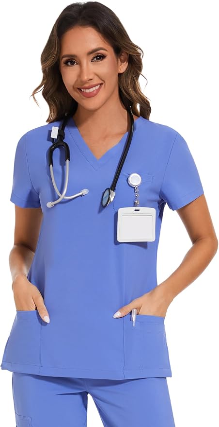 Scrubs Tops for Woman - Soft Stretch, V-Neck Tops | 3 Pockets, Side Split Design, Short Sleeve, Breathable & Lightweight Nursing Shirt, Easy-Care Fabric for All-Day Comfort