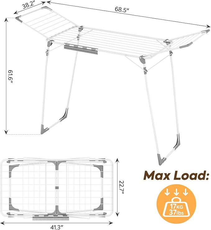 KINGBOARD Clothes Drying Rack, Gullwing Drying Rack with Sock Clips, White | For Family Laundry, Spacious Design with 2 Sturdy Frame Supports, Holds Up to 37lbs, Non-slip Feet, for Indoor/Outdoor Use
