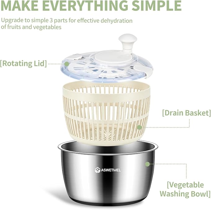 Stainless Steel Salad Spinner Large 5.3QT, ASWETMEL Stainless Salad Spinner with Non-Slip Base Lettuce Spinner, Salad Dryer Spinner for Vegetables & Fruits, Vegetable Washer, Beige