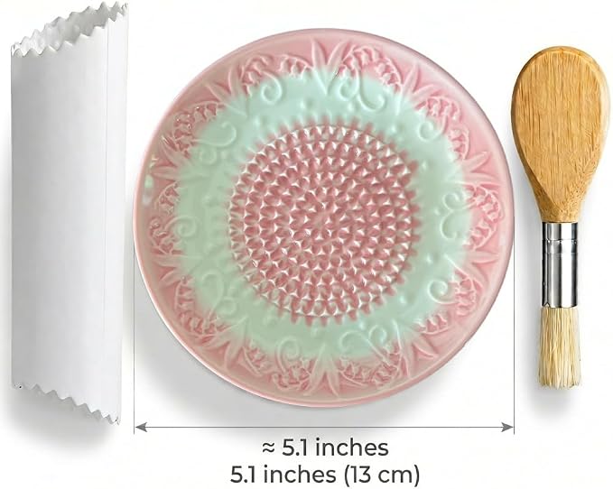 Handcrafted Ceramic Garlic Grater Plate 4-Pc Set, 5.12" Handmade Porcelain Grinding Dish with Wooden Boar Bristle Brush & Textured Silicone Peeler, Blush Pink Embossed Lily