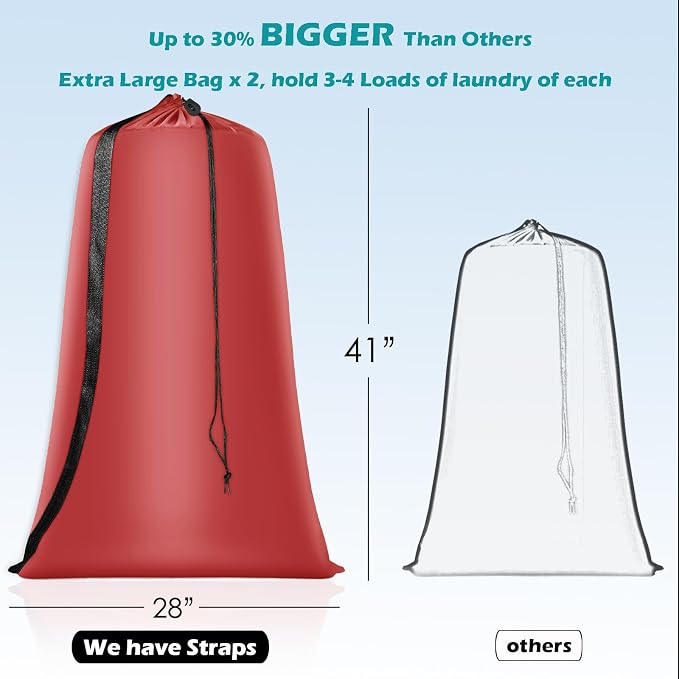 Coomee Heavy Duty Laundry Bag, 2 Pack XL Nylon Laundry Bags with Straps | Extra Large Laundry Bags, Drawstring Closure, Washable Large Dirty Clothes Organizer, Travel Bag Fits a Laundry Hamper