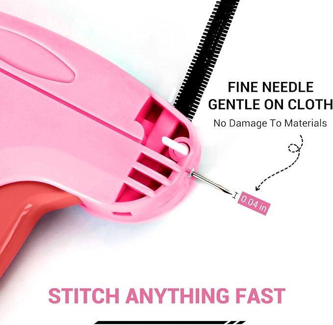 Stitch Gun for Clothes - Handheld Quick Clothing Fixer - Tagging Gun for Clothing, Sewing Kit - Includes 6 Fine Needles, 1000 White & 1000 Black Fasteners (Pink Red)