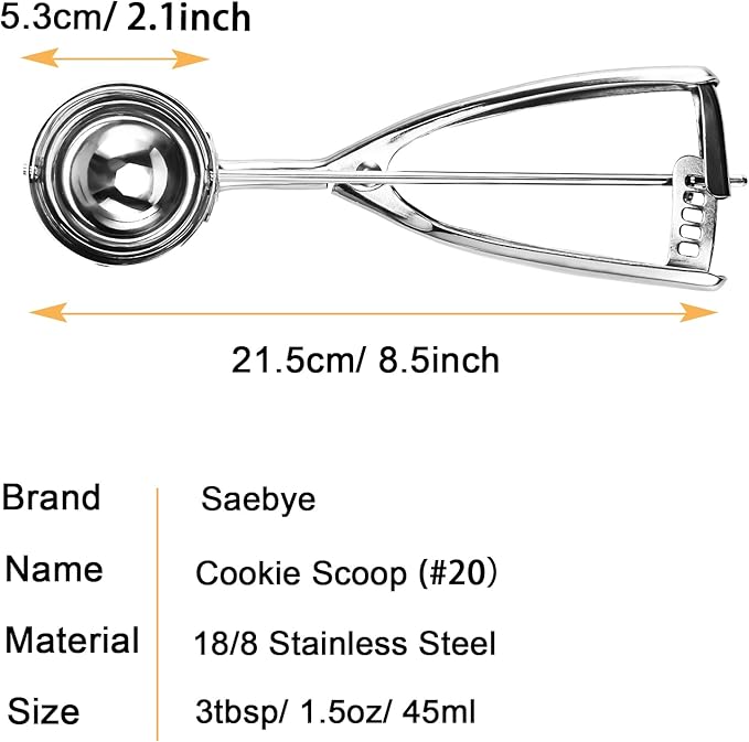Large Cookie Scoop. 3 Tbsp Cookie Scoops for Baking, Cookie Dough Scoop, Cupcake Scoops, 2 3/32 inches / 53 mm Ball, 18/8 Stainless Steel, Secondary Polishing