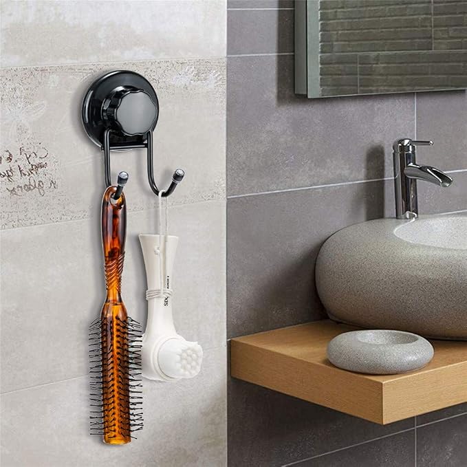 SANNO Suction Cup Hooks, Shower Squeegee Holder, Towel Robe Loofah Holder, Bathroom Kitchen Shower Wall Hooks, Bathroom Accessories, Black (2 Pack)