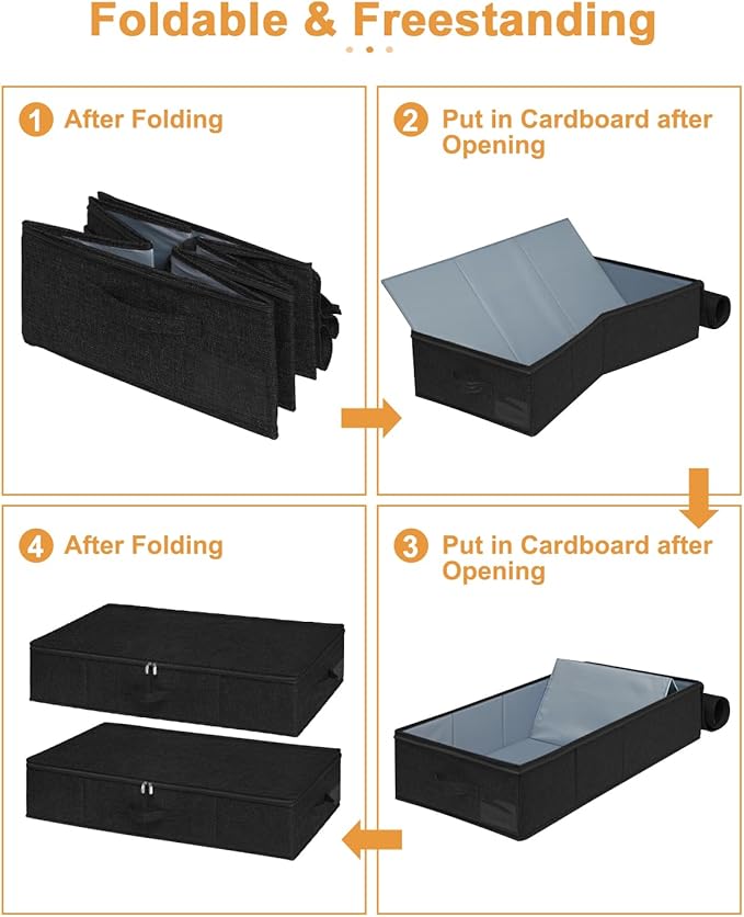 Under Bed Storage Container, 3 Pack Underbed Storage Bags With Lid, Foldable Sturdy Clothes Storage Organizer W/ 3 Handles, Ultra Thick Fabric Blanket Shoe Storage Box, 30x15x6.7inch, Black, 50L | Sturdy Sides and Bottom wieh Ultra-Thick Fabric and 3 H...