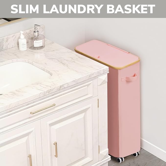 Goodpick 75L Slim Rolling Laundry Basket with Wheels and Lid, Pink | 17 × 9.8 × 29.5 in, Bamboo Frame, Removable Laundry Bag, Collapsible, Dorm, Bedroom & Bathroom Organization, Home Decor