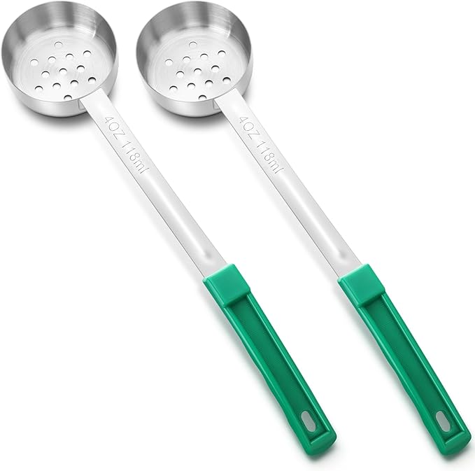 Teenyyou 2 Pcs Portion Control Serving Spoons, Restaurant Measuring Serving Ladle Utensils, Portion Spoons for Weight Loss, Kitchen(Green,4 oz,Slotted)
