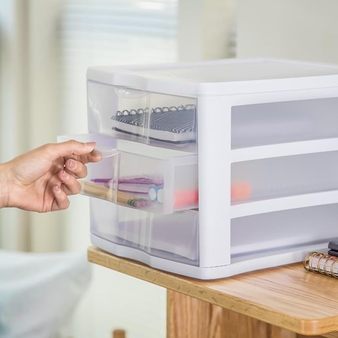 3-Drawer Clear Plastic Desktop Organizer, White | Stackable Design, Anti-Slip Drawer Stops, Letter/A4 Size Fit, 13.50 x 11.00 x 9.63 in, No Assembly Required