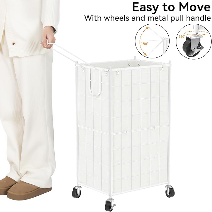 WOWLIVE Rolling Laundry Basket, Metal Wire Frame Laundry Hamper with Wheels | Hamper with Removable Bag, 100L Dirty Clothes Hamper Organizer Dorm Room Storage for Bedroom, Bathroom, White